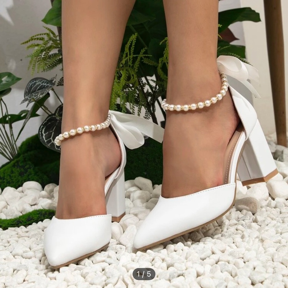 White pointed toe block heel with pearls